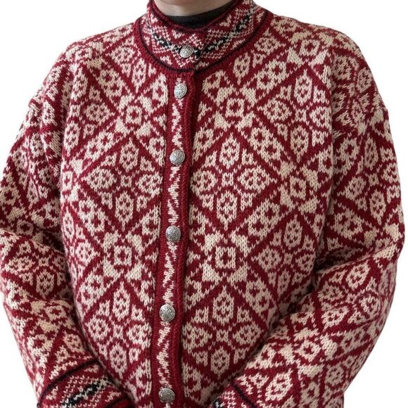 Vintage LL Bean Womens Red White Nordic Wool Snowflake Cardigan Sz L Made USA - Picture 2 of 6